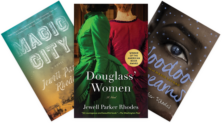 Three book covers overlapping - Magic City, Voodoo Dreams, and the new cover for Douglass' Women, all by Jewell Parker Rhodes